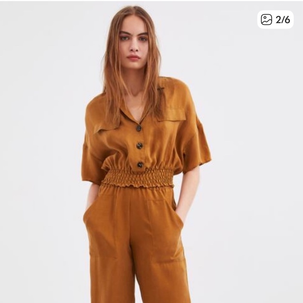 Zara Fillsens Women’s Size S Semi Crop Top/Blouse/Shirt Tan/Brown Ciniched Waist - Picture 2 of 6